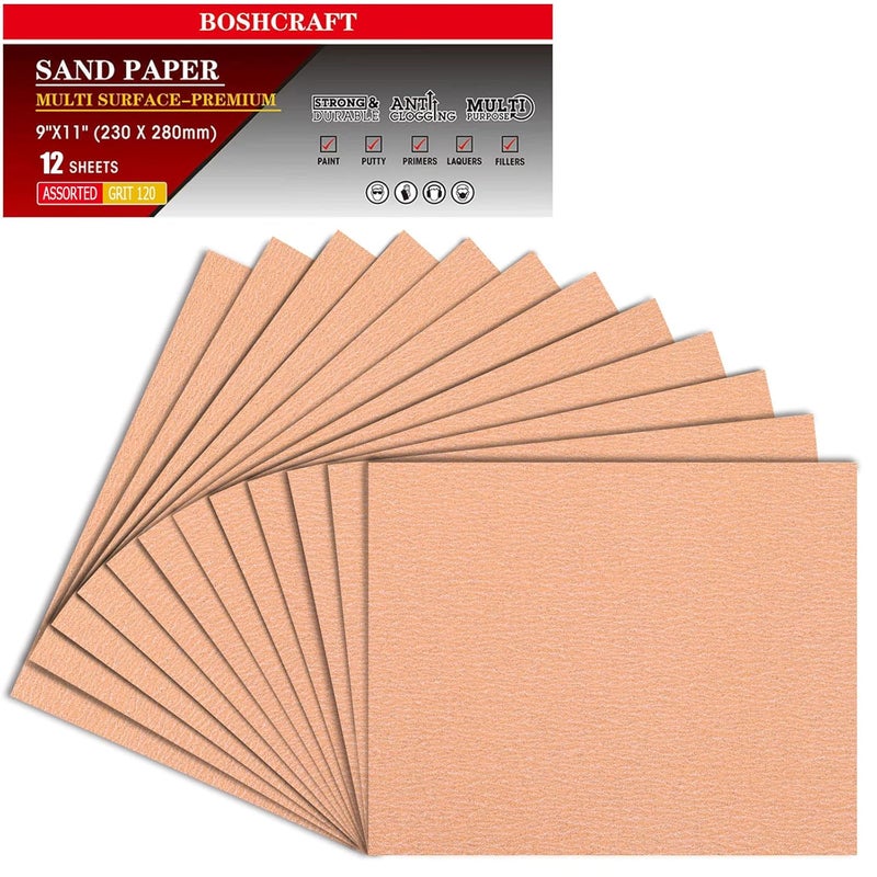 BOSHCRAFT 120 Grit Sandpaper Set - Assortment for Wood & Metal - 9" x 11" Sheets, 12 Sheets - Image 1